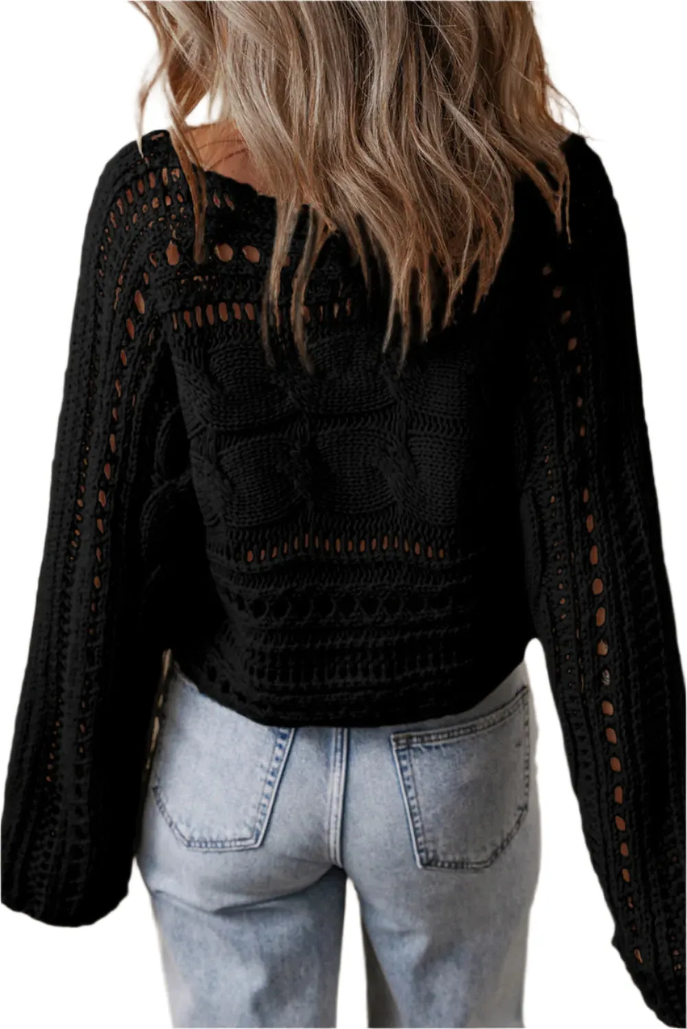 Cable-Knit Openwork Long Sleeve Sweater