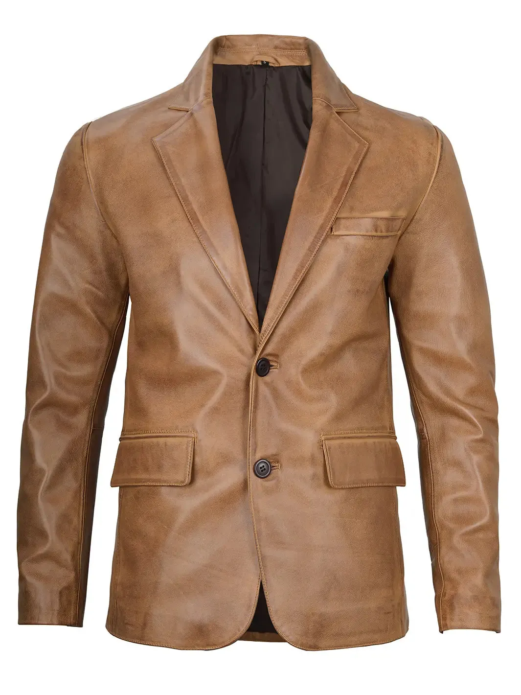 Camel Brown Real Leather Two Button Blazer