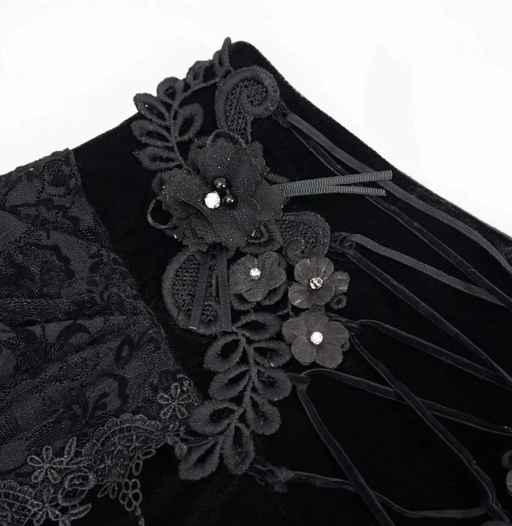 Female Vintage Gothic Velvet Lace Long Skirt / Women's Black Skirt with 3D Flowers