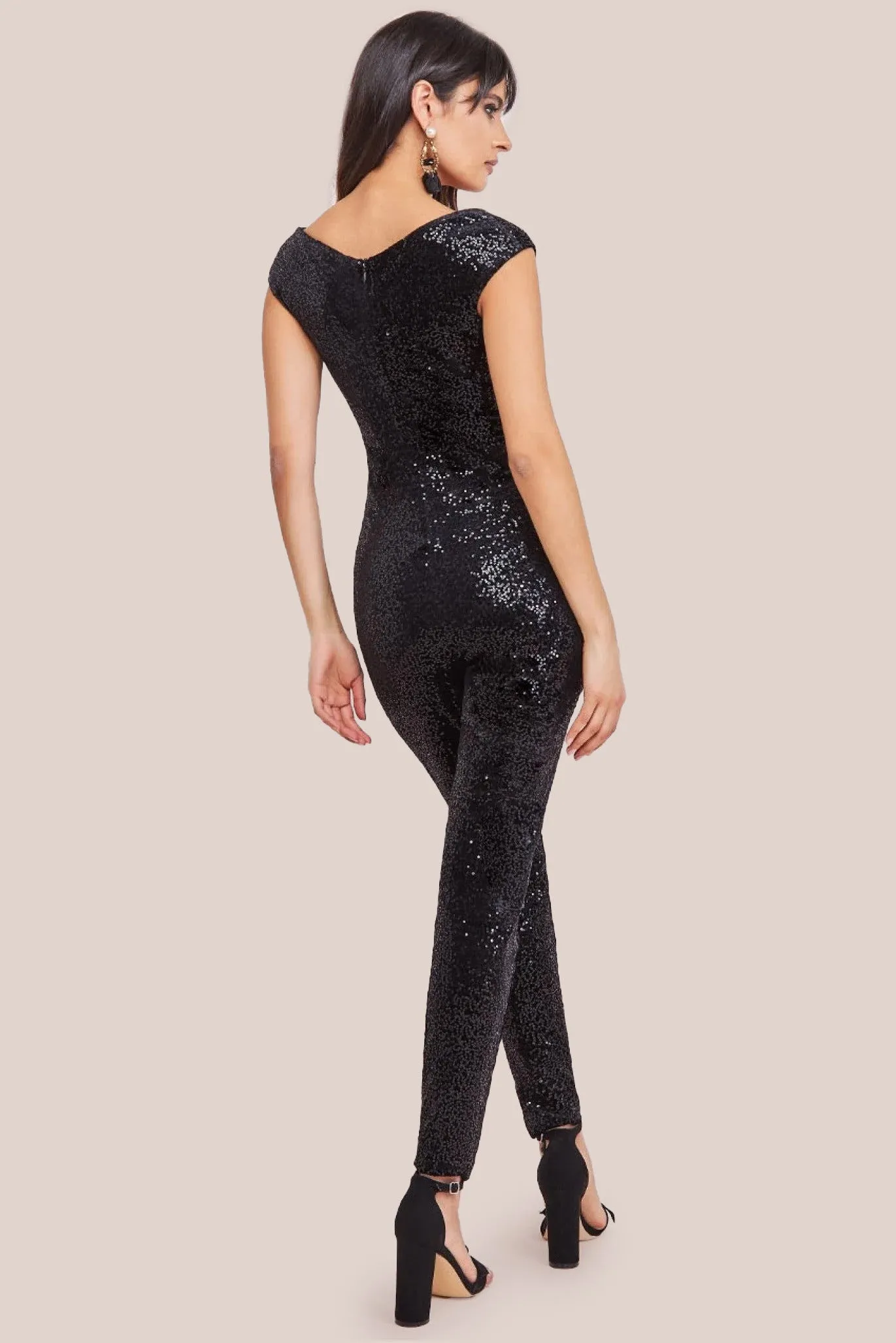 Goddiva Patterned Sequin Velvet Wrap Bardot Jumpsuit