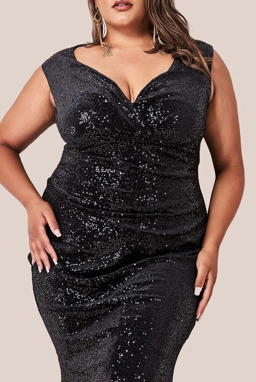 Goddiva Plus Patterned Sequin Velvet Wrap Bodice Maxi Dress
