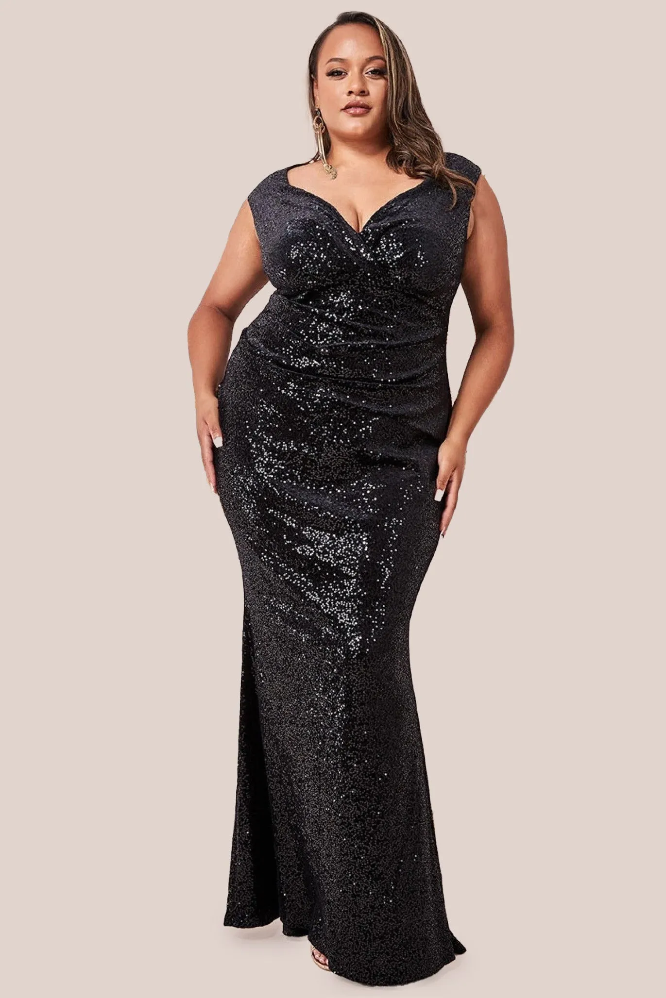 Goddiva Plus Patterned Sequin Velvet Wrap Bodice Maxi Dress