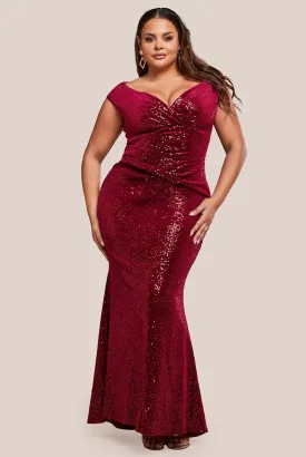 Goddiva Plus Patterned Sequin Velvet Wrap Bodice Maxi Dress