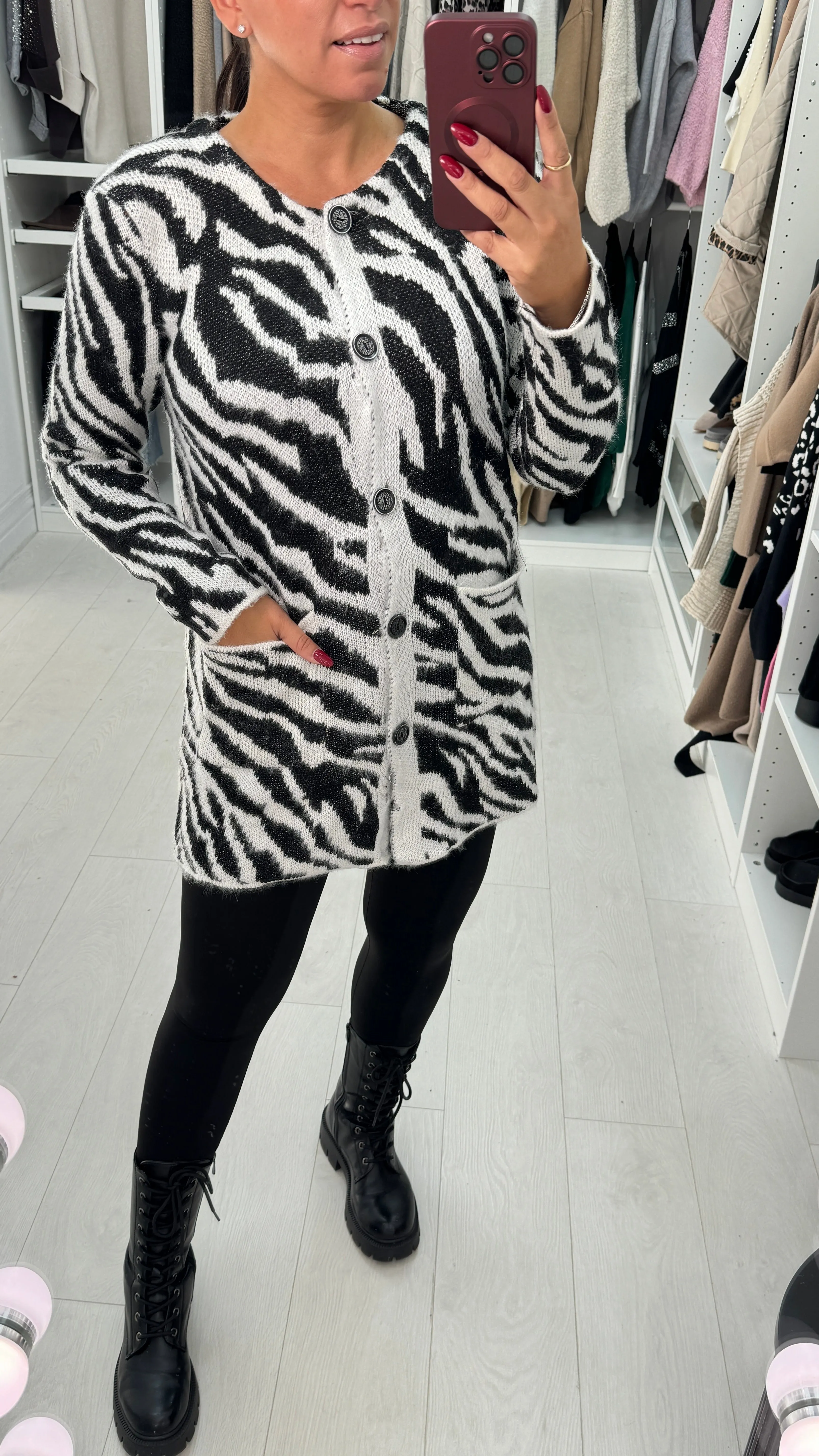 Sevanna Zebra Print Longline Button Front Cardigan