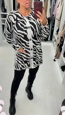 Sevanna Zebra Print Longline Button Front Cardigan