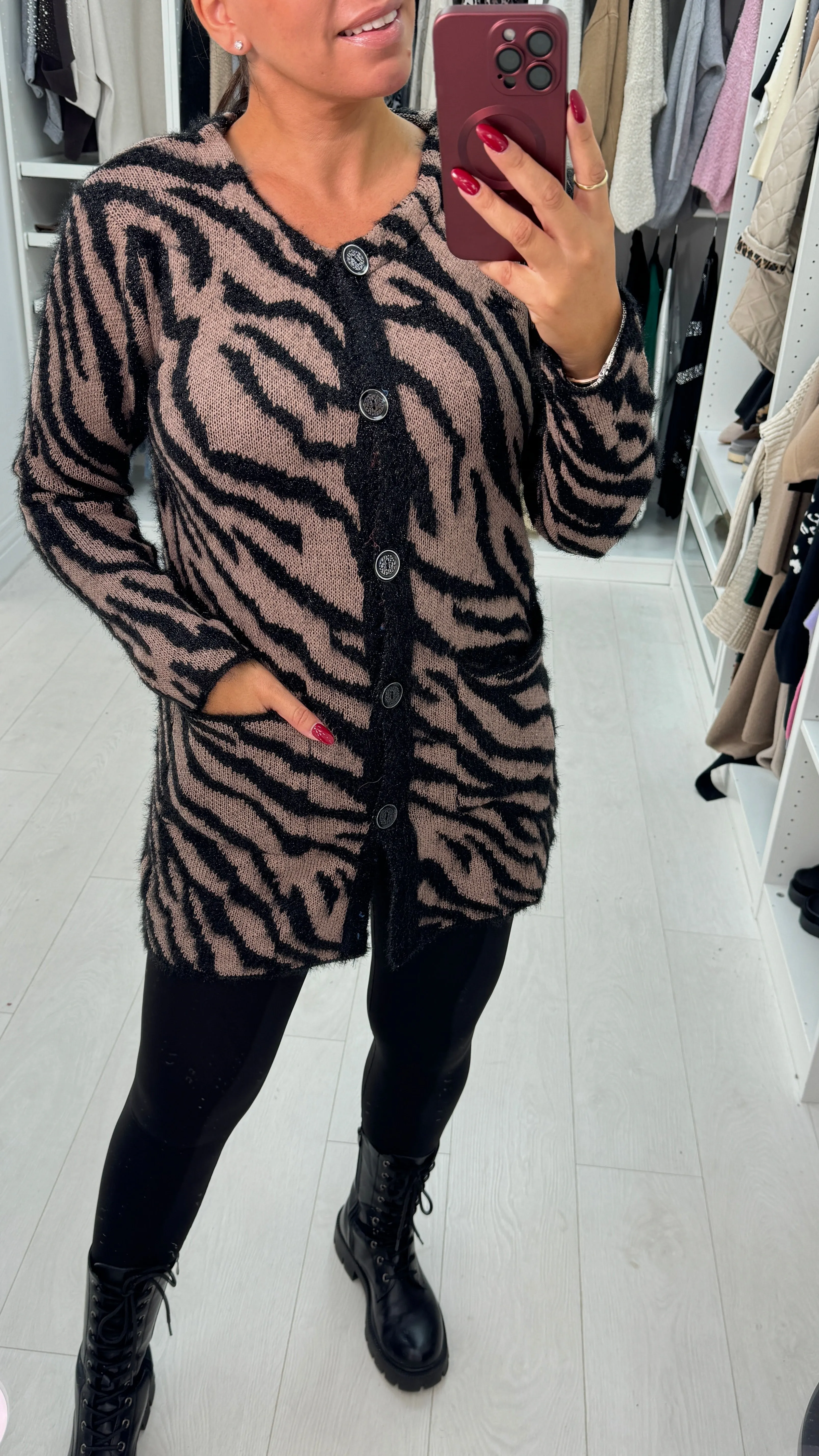 Sevanna Zebra Print Longline Button Front Cardigan