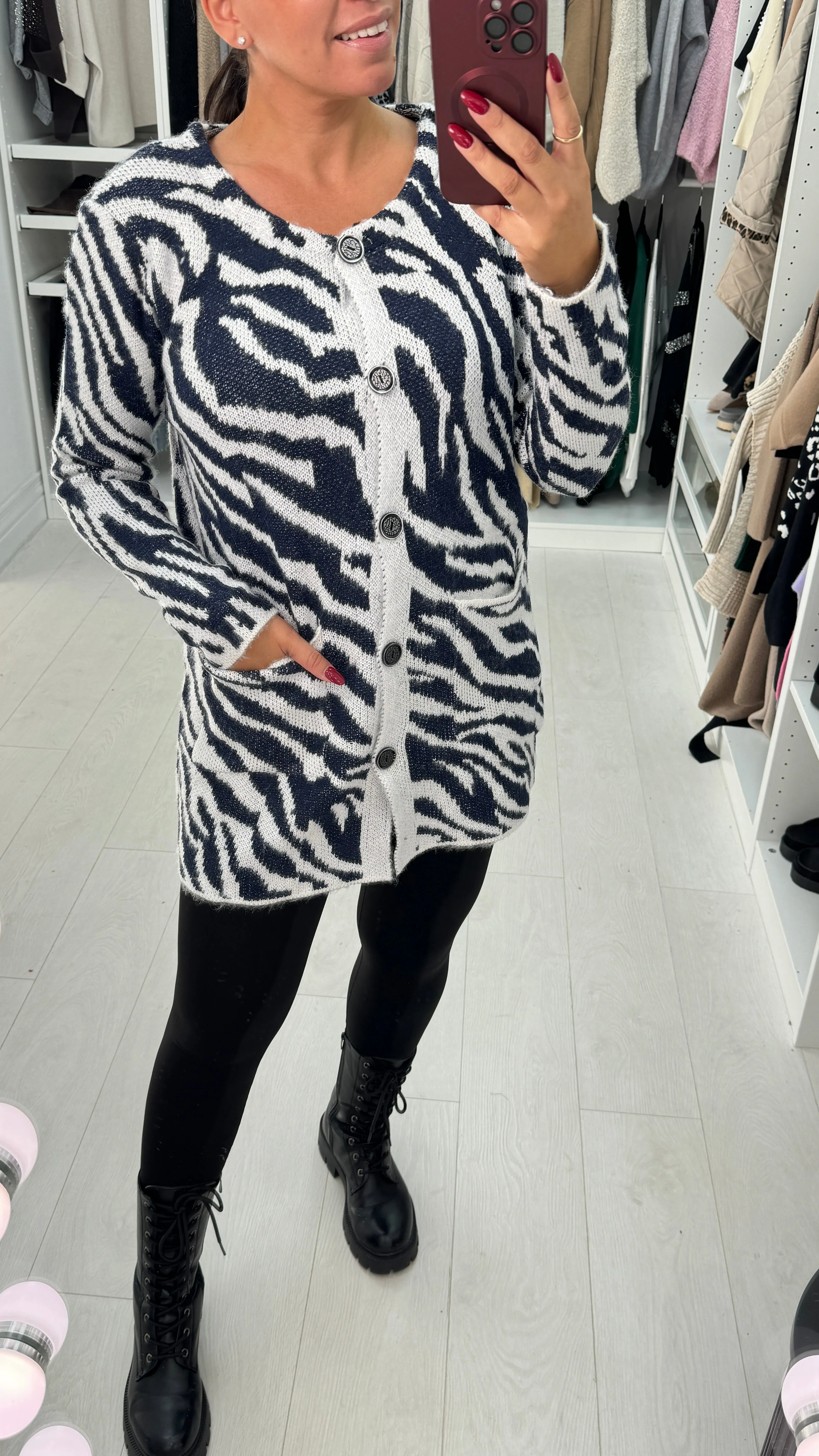 Sevanna Zebra Print Longline Button Front Cardigan