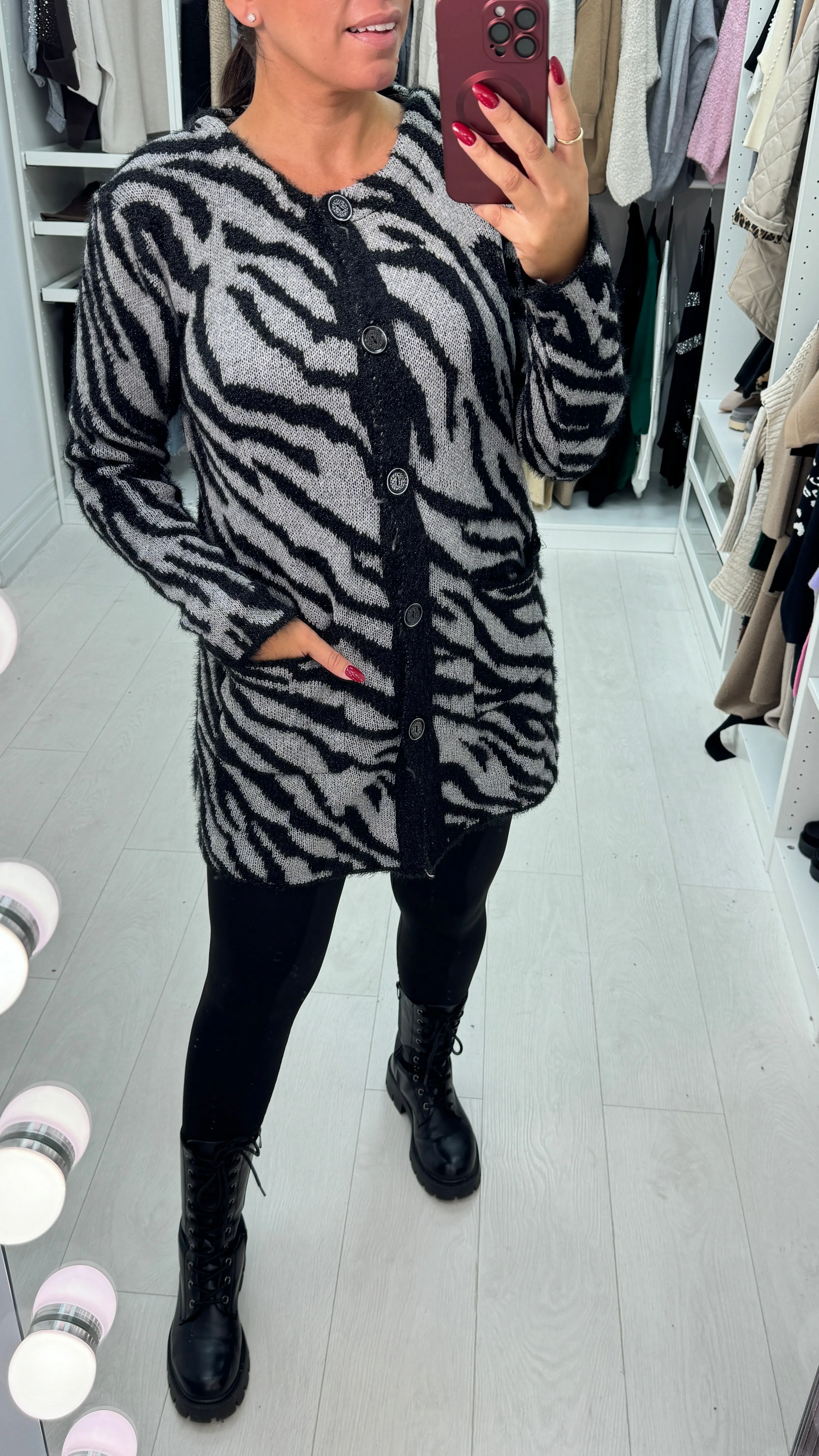 Sevanna Zebra Print Longline Button Front Cardigan