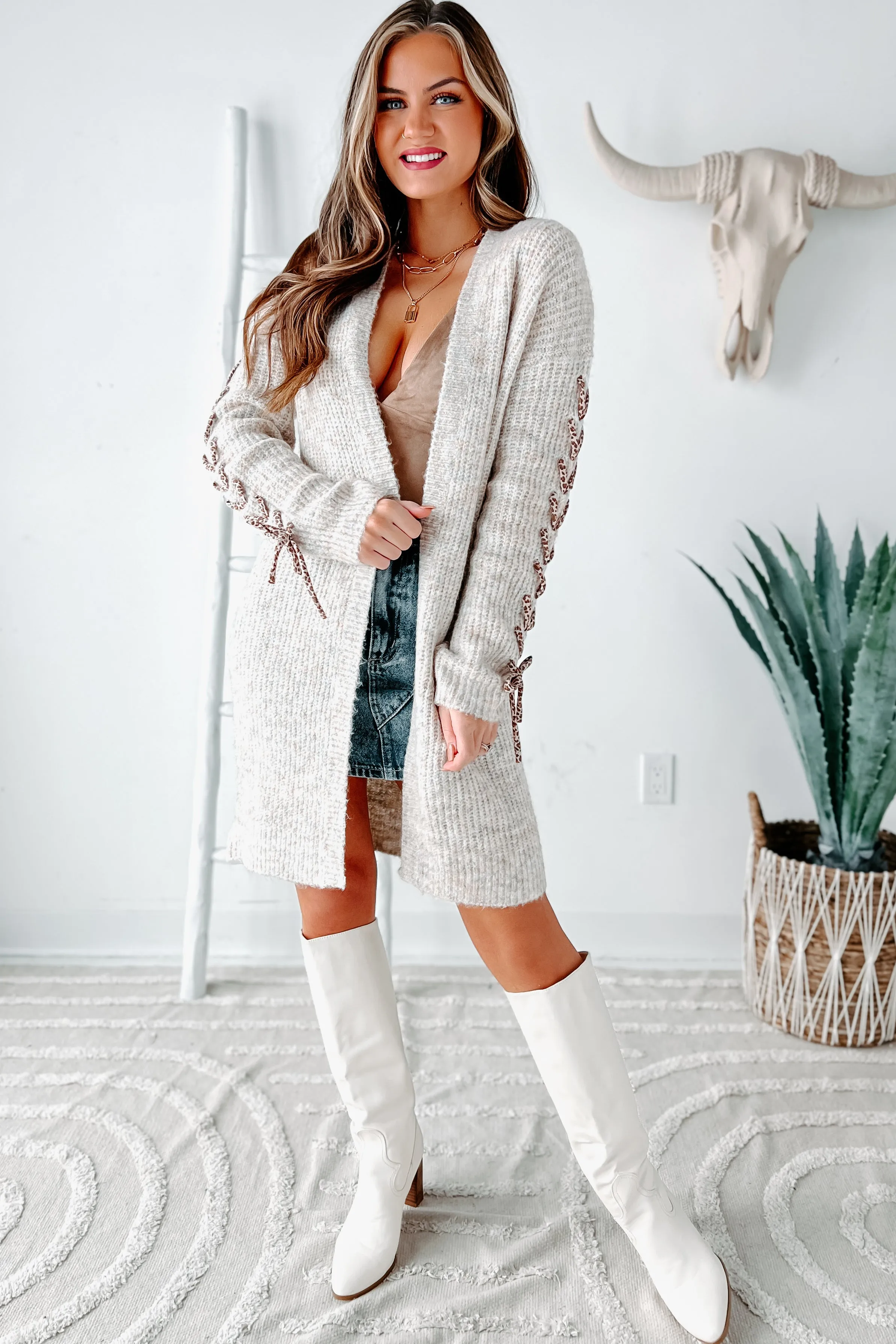 Simple Reminder Lace-Up Sleeve Cardigan (Oat)
