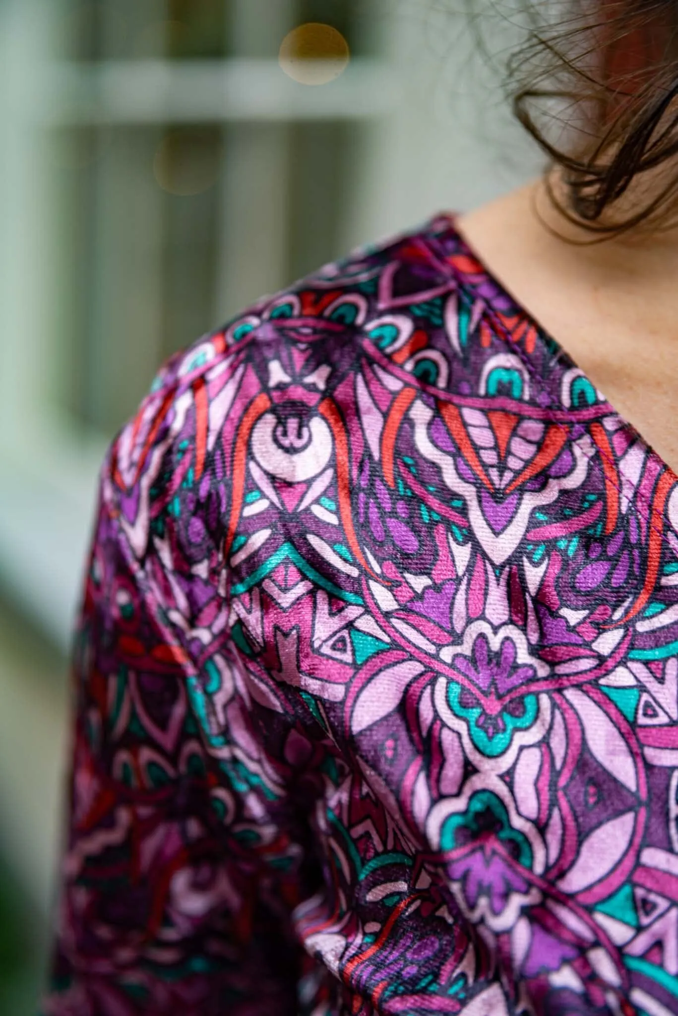 Stretch Twisted wrap top Velvet- purple mandala- made by Tantilly